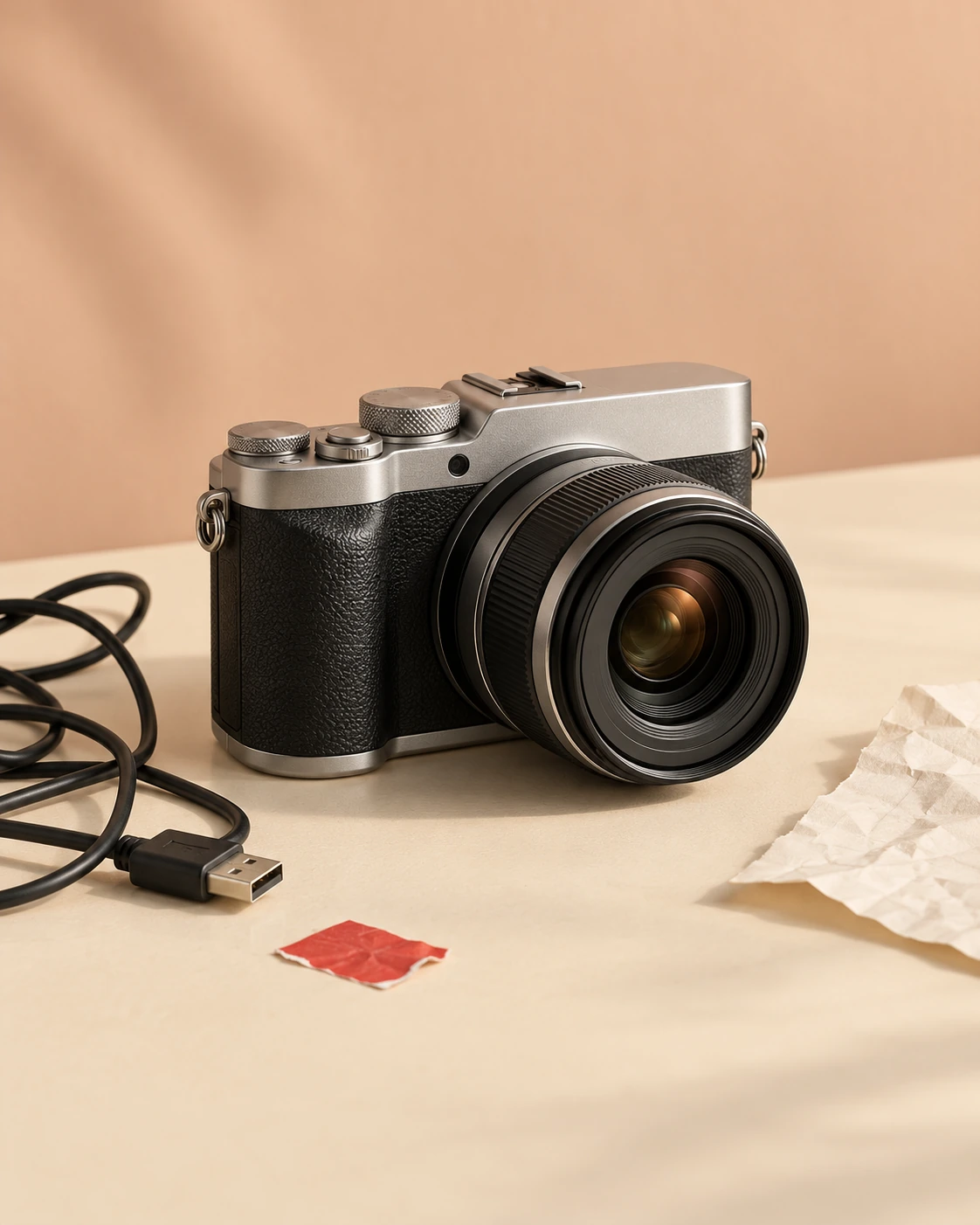 Camera on a cluttered tabletop