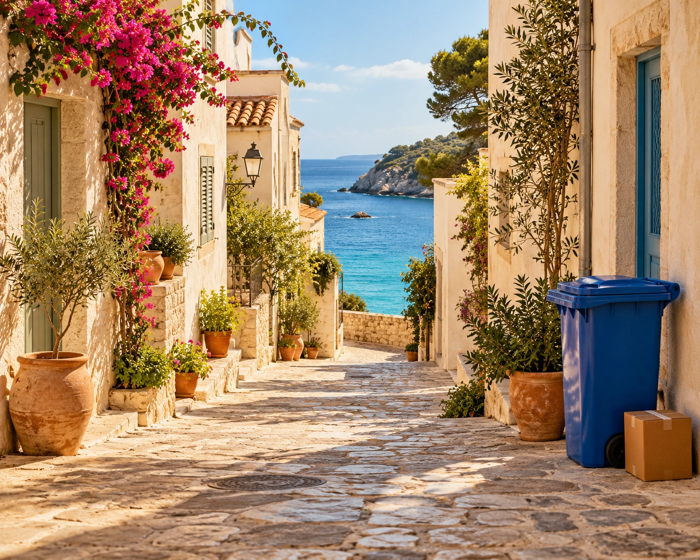 Coastal street with a blue bin