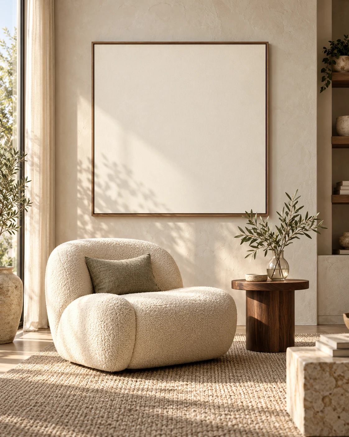Cream living room with a blank canvas