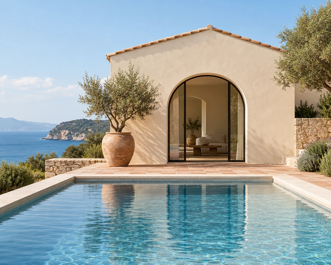 Coastal house and pool in daylight