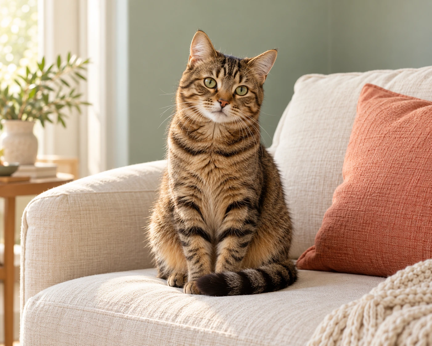 Tabby cat sitting on a sofa