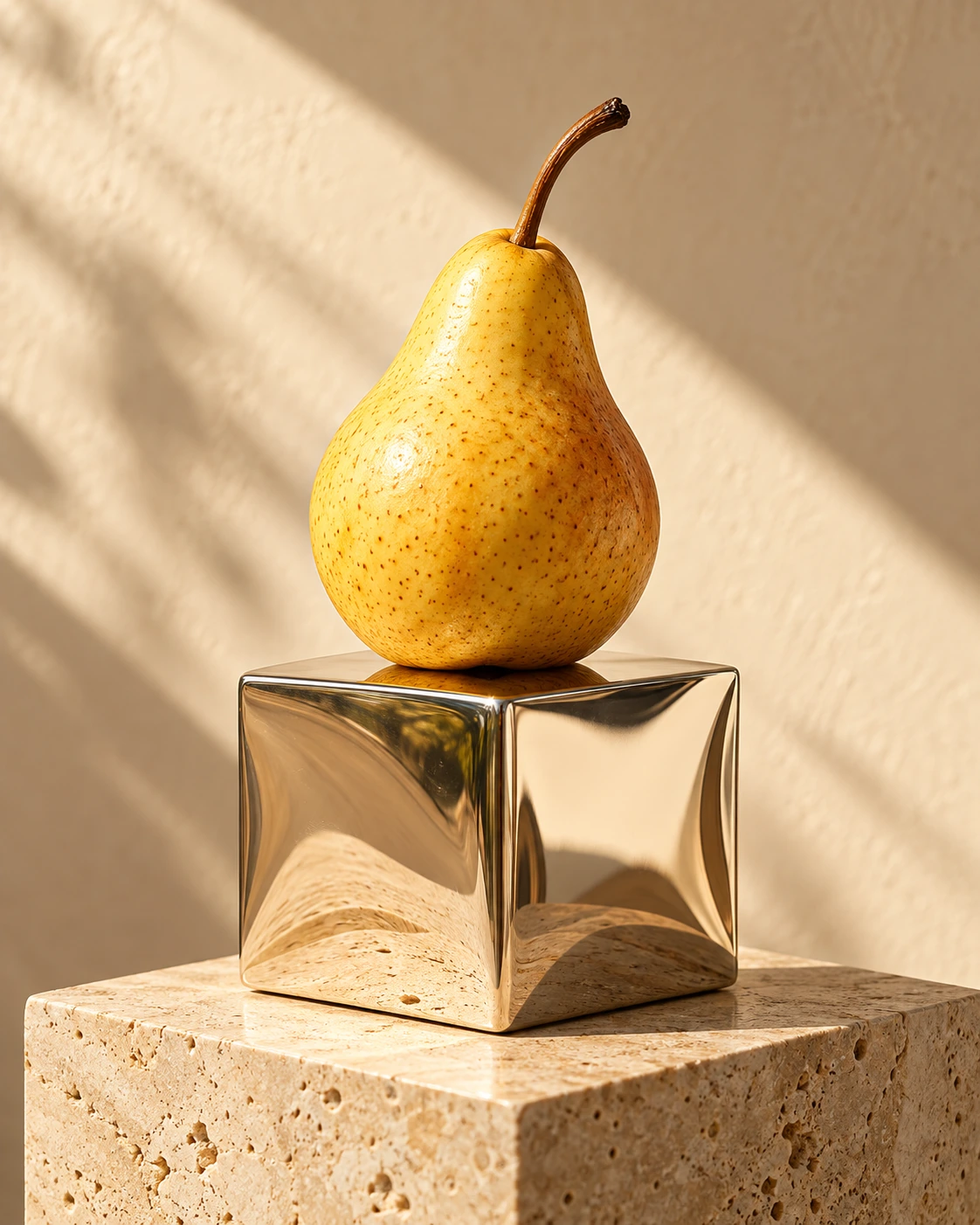 Golden pear on a reflective chrome cube