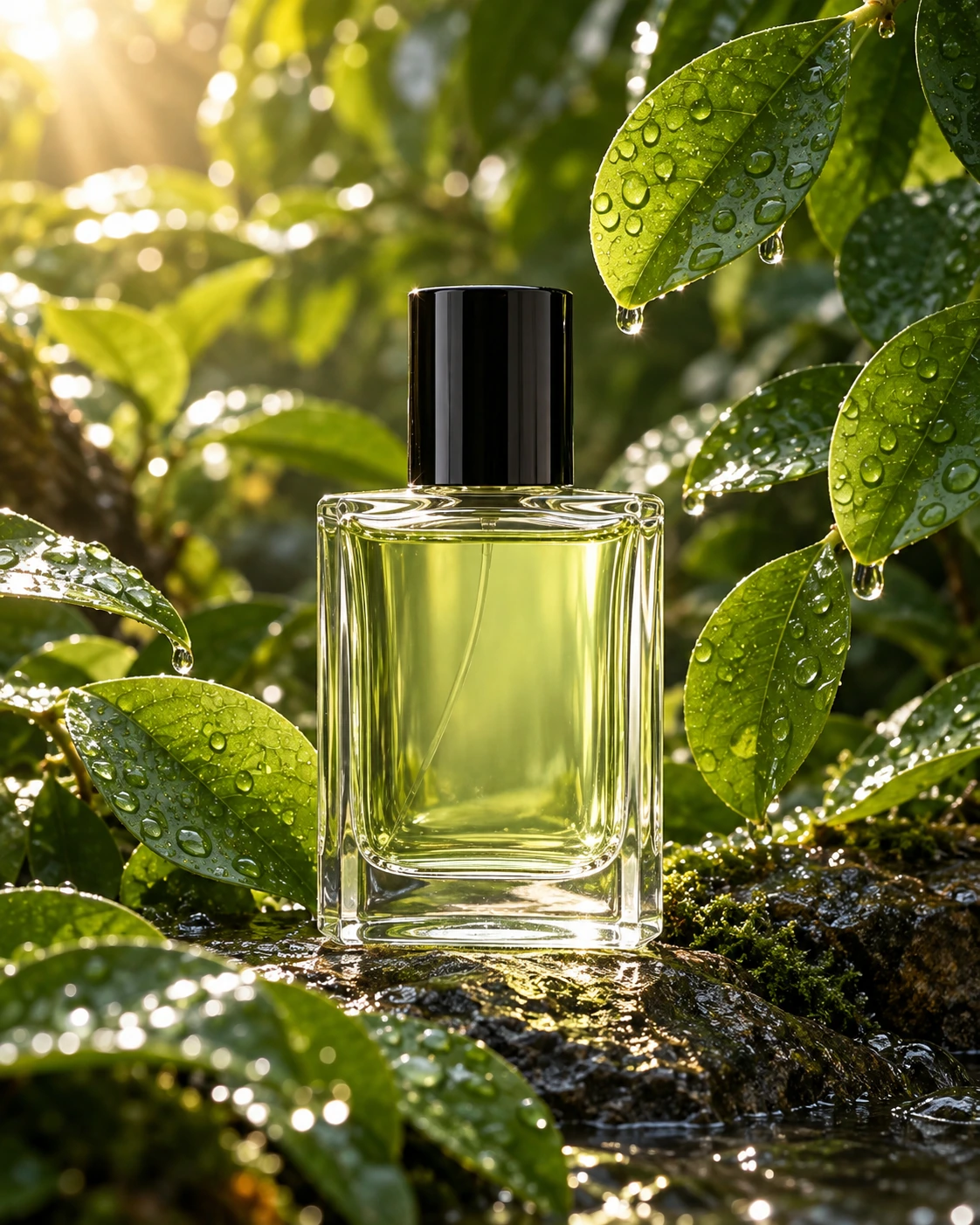 Green perfume bottle among leaves