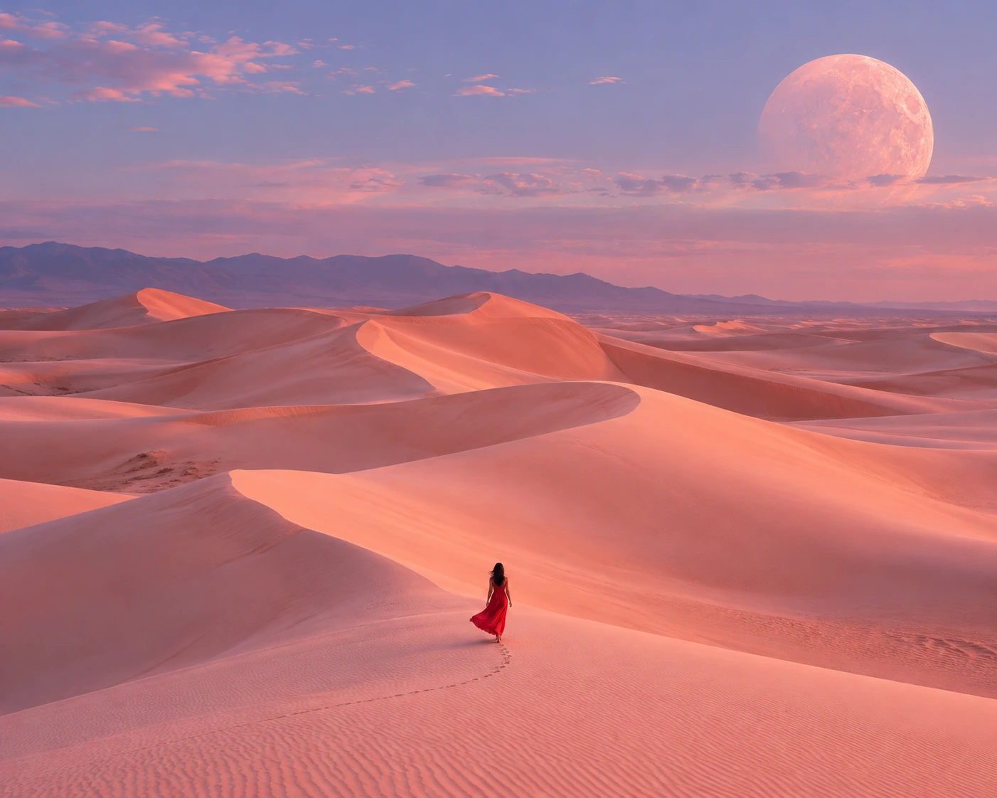 Rose desert dunes with a distant figure