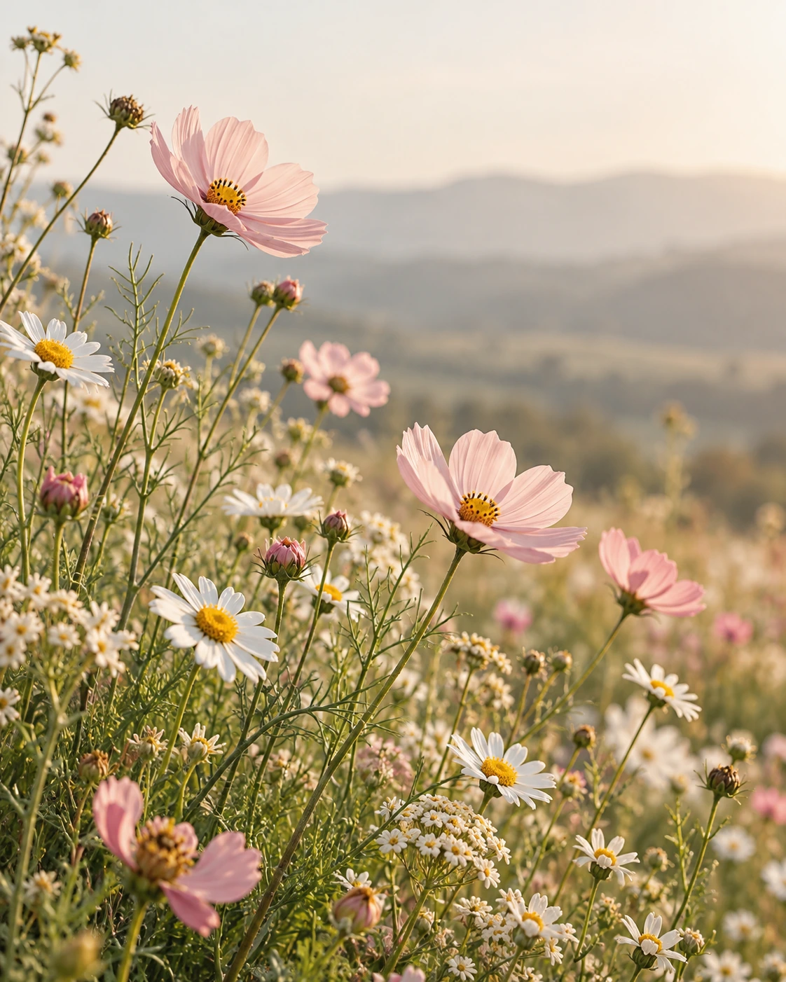Pink wildflowers in a sunlit meadow